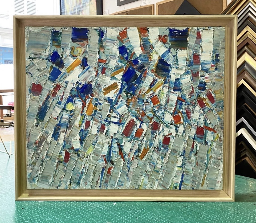 Encadrement tableau peinture abstraite baguette bois - Au Passe-Partout Paris 9e